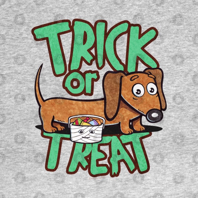 Funny and cute doxie dachshund dog going trick or treating on halloween to get more candy on a scary and spooky night by Danny Gordon Art